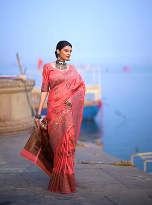 Pink Pure Tussar Silk Madhubani Work Saree