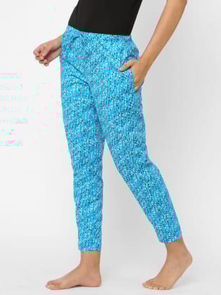 Women's Printed, Blue, Cotton, Regular Fit, Elasticated, Waistband, Pyjama  With Side Pockets-Blue / S
