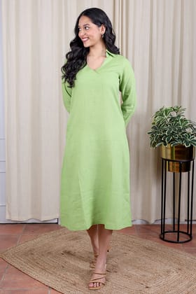 Green Hand Dyed Lyocell Linen Women Midi Dress Long Sleeves WDRLS05241-S