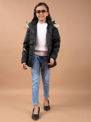 Black Hooded Neck Padded Jacket-9-10Y / Black