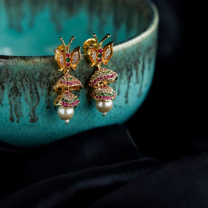 Red-Green Butterfly Gold Plated Jhumka-Red-Green / Gold Plated / Free Size