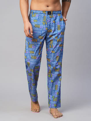 Men's Printed, Blue, Cotton, Regular Fit, Elasticated, Waistband, Pyjama  With Side Pockets-Blue / S