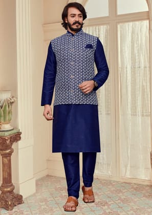 Men's Blue Lakhnavi Waistcoat (Nehru Jacket)-S