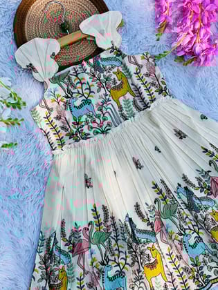 Magestic Heavy Zoo Embroidery Work on Khadi Cotton Fabric Kids Frock-Animal / 0-3 Month
