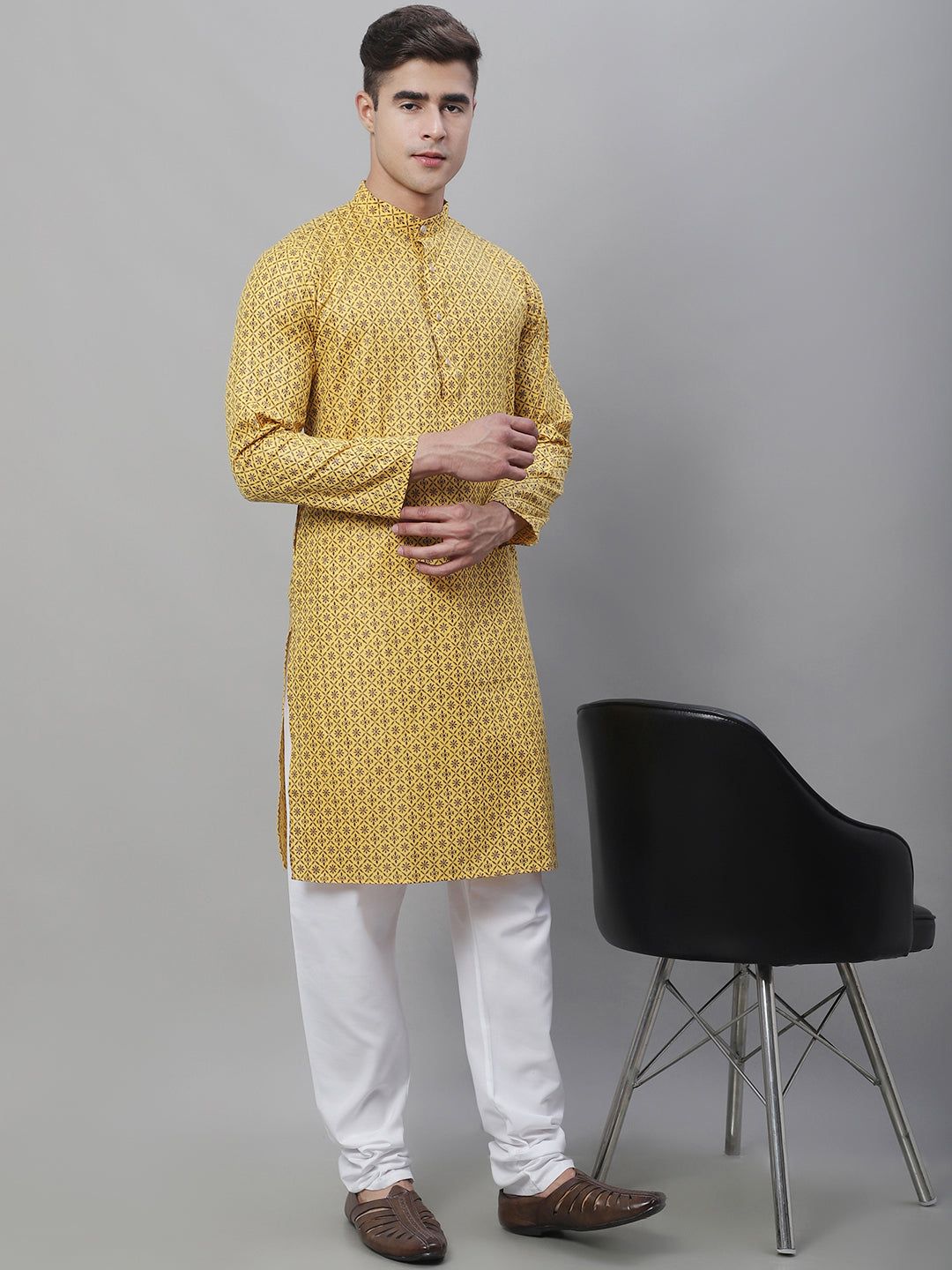 Men's Cotton Linen Mustard Foil Printed Kurta and White Pyjama Set-36