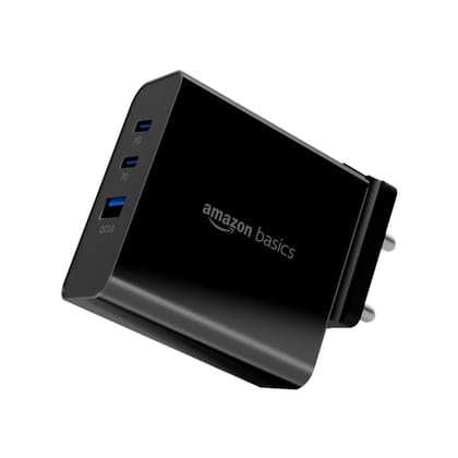 (Open Box) Amazon Basics 65W Triple Port GaN Charger | PD 3.0, QC3.0, QC4.0/PPS Fast Charging Ports | Compact Adapter with Foldable Pins | Compatible with All Flagship Apple/Android Phones and la