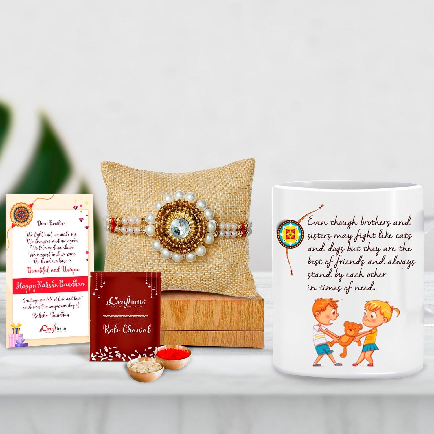 Designer Handcrafted Stone Pearl Rakhi with Mug for Brother and Roli Chawal Pack, Best Wishes Greeting Card