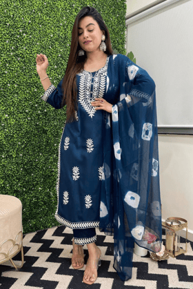 Navy Blue Cotton Blend Kurti Pant Dupatta Set-M-38