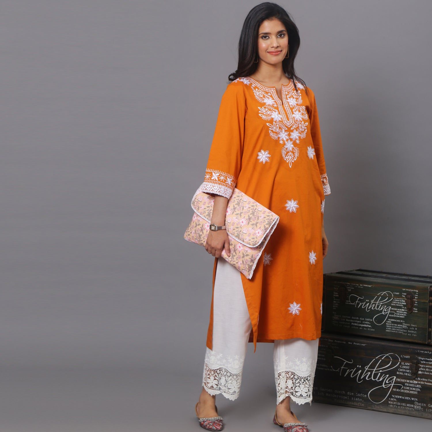 orange Cotton kurta with Embroidery-S