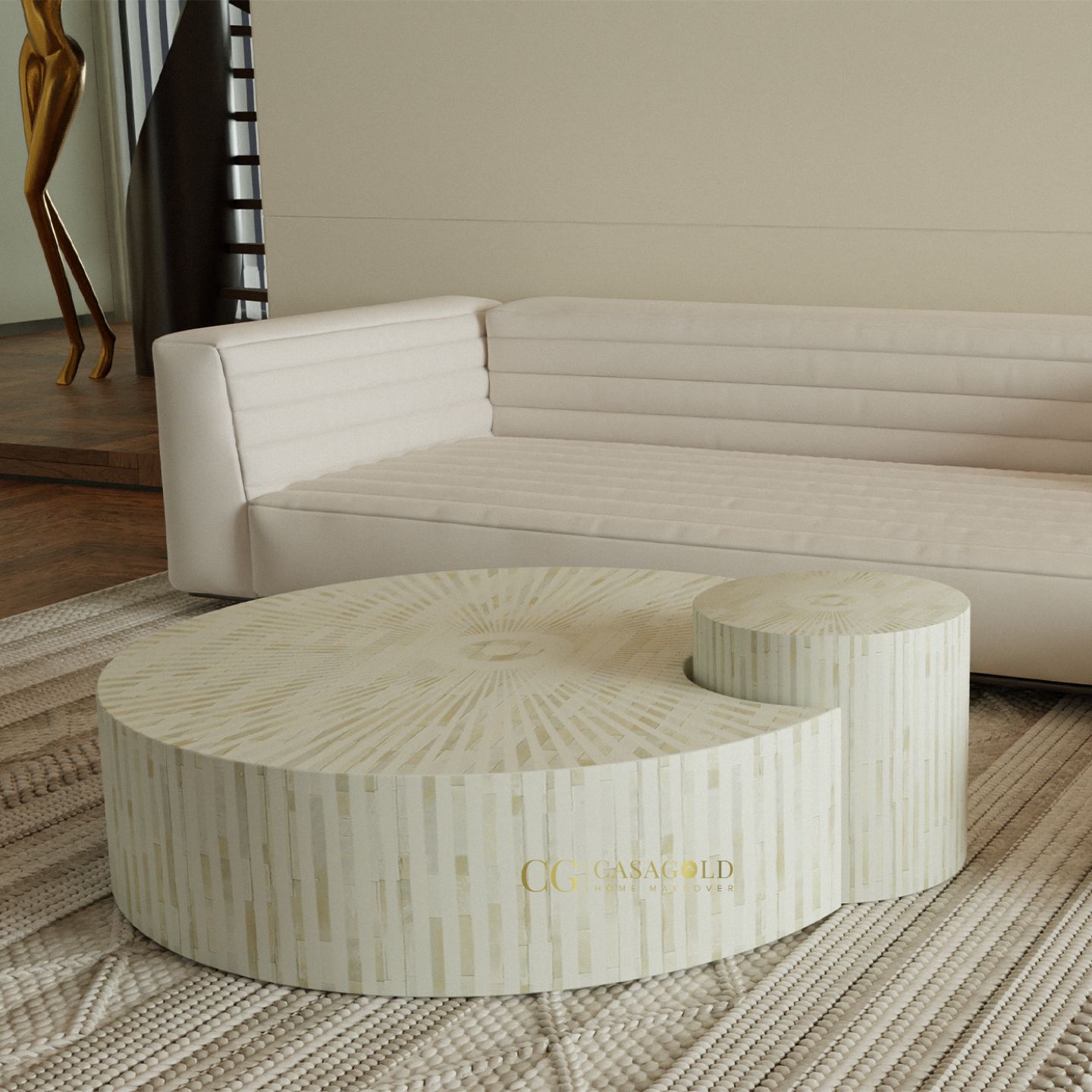 Sunburst Serenity: Inlay Nesting Coffee Table Set-Mother of Pearl