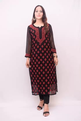 Red and Black Chikankari Handmade Georgette Kurti – Bold and Elegant Fusion-40-Medium