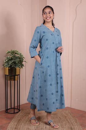 Blue Dobby South Cotton Women Long Kurta Long Sleeves WLKLS251C75-M