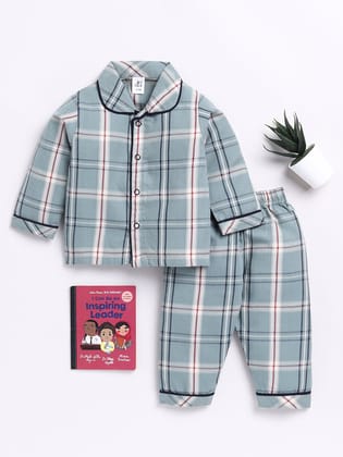 Green and Black Checked Full Sleeve Night Suit-6-9 m