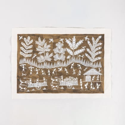 Warli Painting Bullock Cart - 15x21 Unframed-Brown / White / Cotton