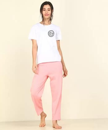 Women T-shirt & Pyjama Set Pure Soft Cotton (White, Pink)-S