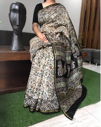 Kalamkari Chanderi Silk Saree Beige Blockprinted