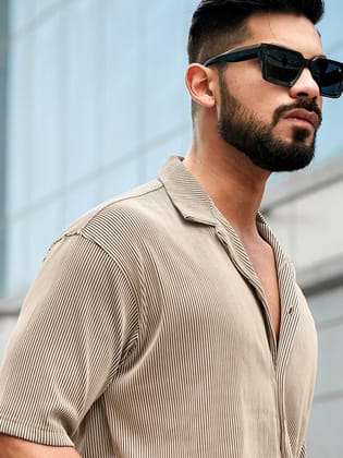 Stripe Textured Beige Half Sleeve Shirt-S / Beige