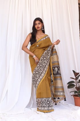Mayurangi : Mustard Chanderi Saree with Black Border (Bagru Handblock)