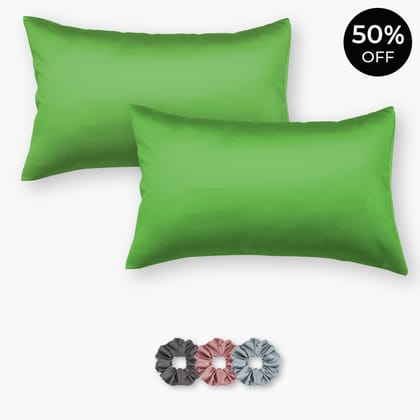 Neon Green  Satin Pillowcases - Set of 2 (With 3 Free Scrunchies)-16 X 24 inch - Small