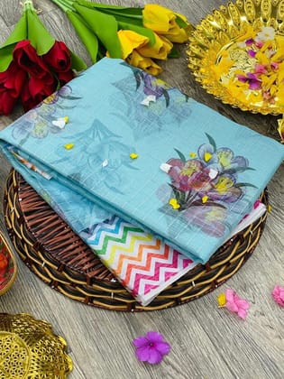 Multicolor Organza Chex Design Saree with Zigzag Border-Sky Blue