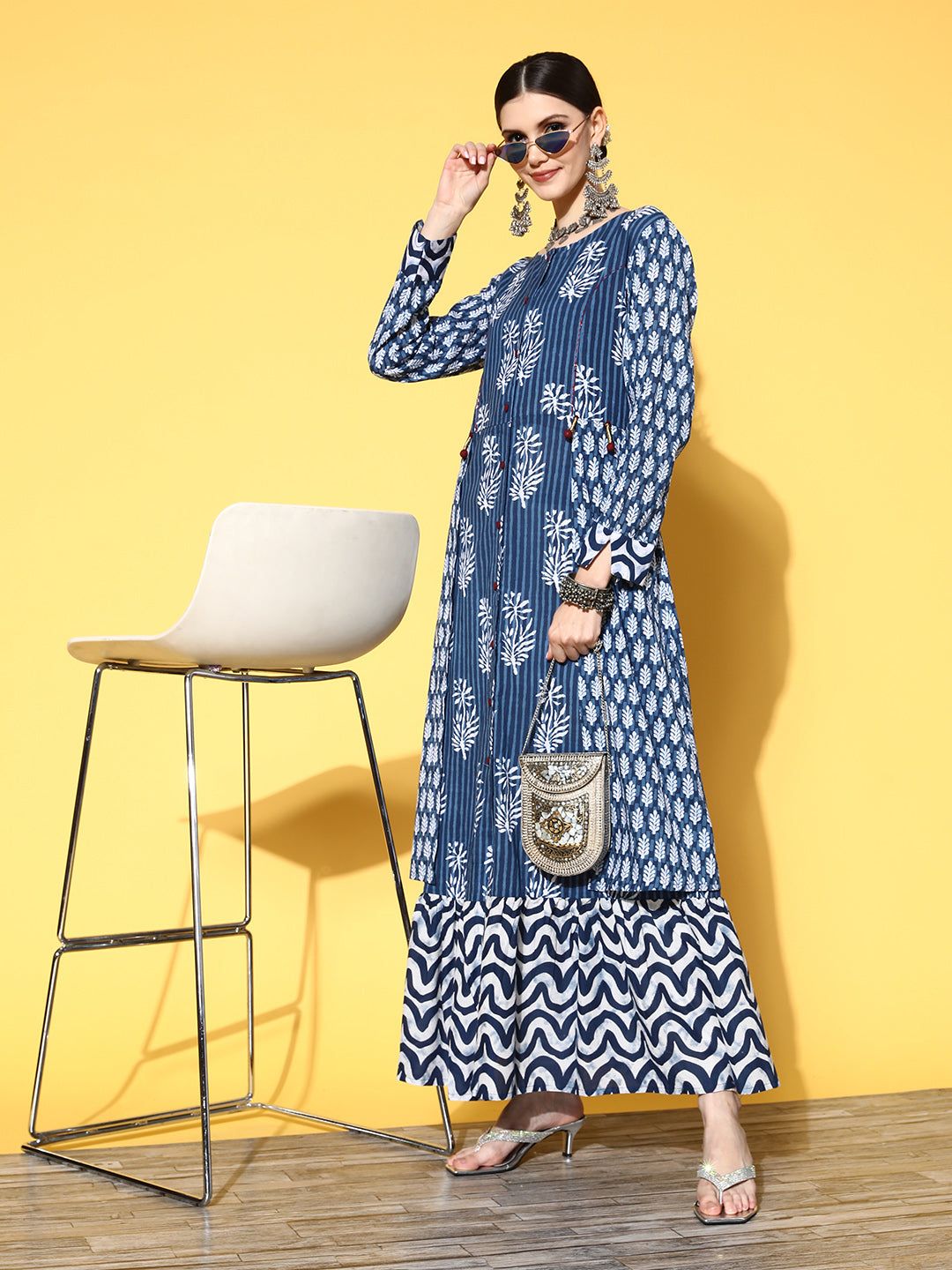 Rang Gali Handblock Indigo Blue Zardozi Work Kurta-M