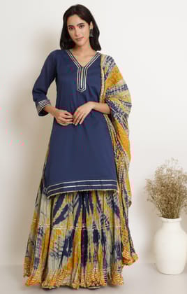 NAVY MUSTARD TIE DYE GHARARA AND DUPATTA SET OF 3-S