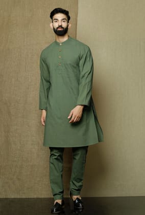 Set of 2:Moss Green Cotton Cambric Kurta and Pyjama-38