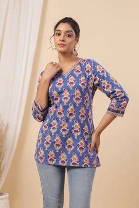 Ulfat Jahanara Blue Printed Top-S / Navy Blue / Navy Blue