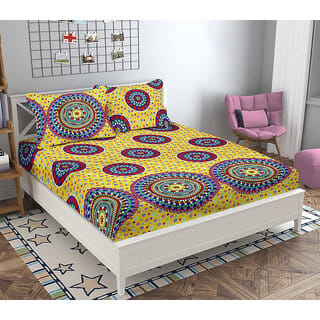 BLACK BEE  Jaipuri Mandala print on yellow base 3D
double bedsheet with 2 Pillow Covers (208 X 213 cm)(BS17-02)
