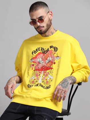 Men Printed Oversized Sweatshirt Pure Cotton Full Sleeve Yellow-XXS / Yellow