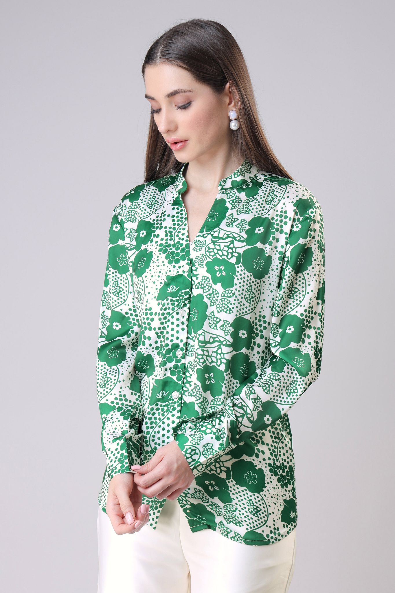 Stylish Green Floral Mandarin Collar Shirt For Women-XXS / Emerald Green / SH0066-DPLZ00346-2 MTR-NIL-NIL-NIL-NIL-THY01-FS002-NIL-BT0046-11-NIL-NIL-NIL