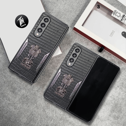 Black (Pattern 3) Satyameva Jayate embossed Leather Case for Samsung Galaxy Z Fold 4