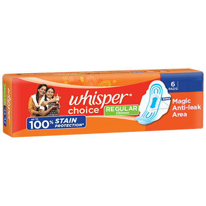 Whisper Choice Sanitary Pads - With Wings, 100% Stain Protection, Regular, 6 Pcs