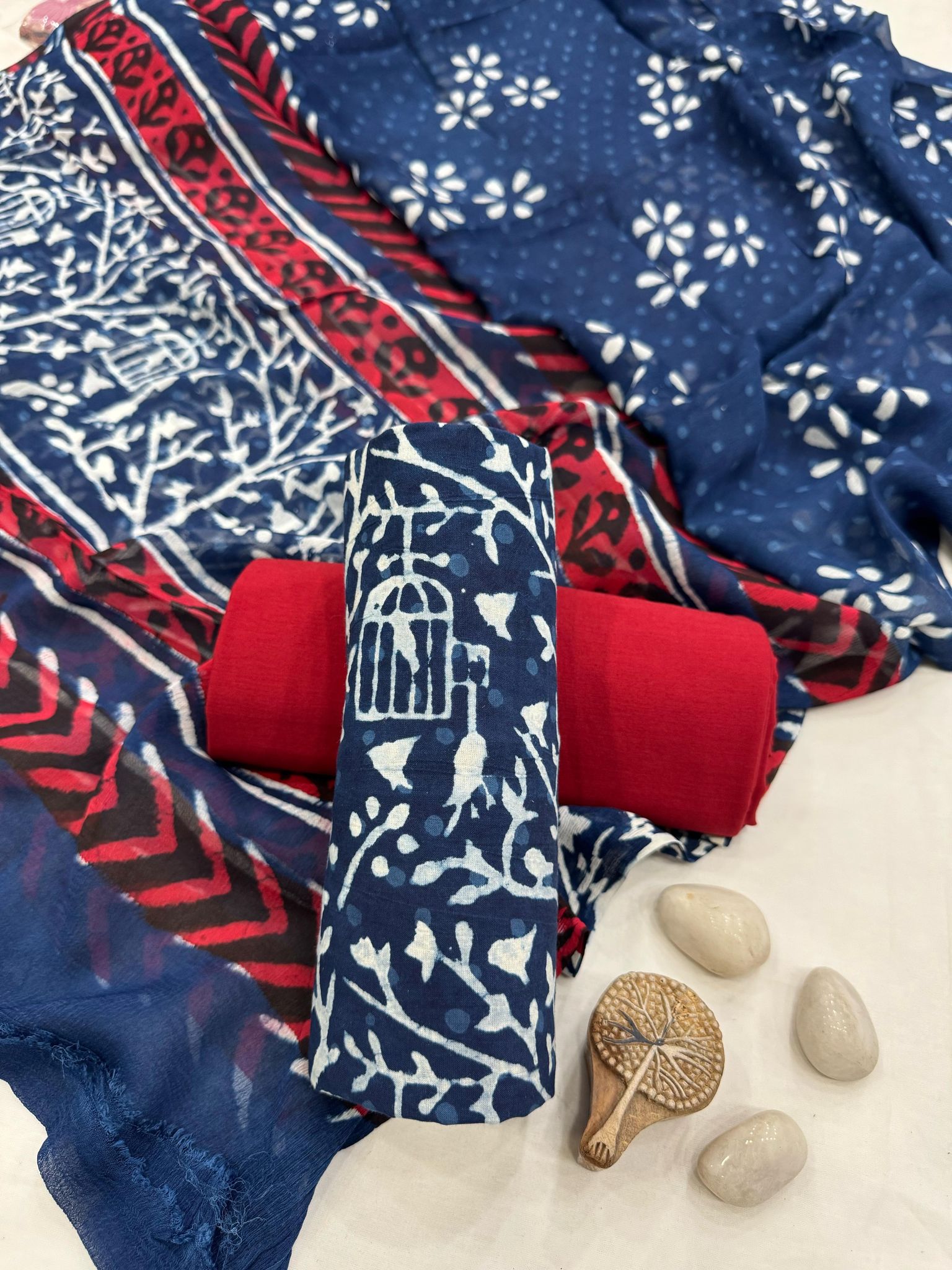 Indigo dabu Cotton Suit With Chiffon Dupatta
