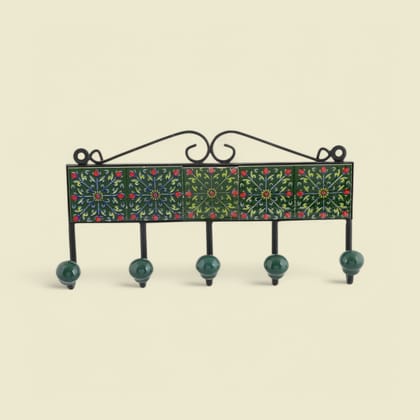 Blue Pottery Decorative Key Holder—Green—5 Hooks