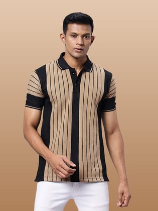 Mens Khaki Striped Polo Collar  T-shirt-M