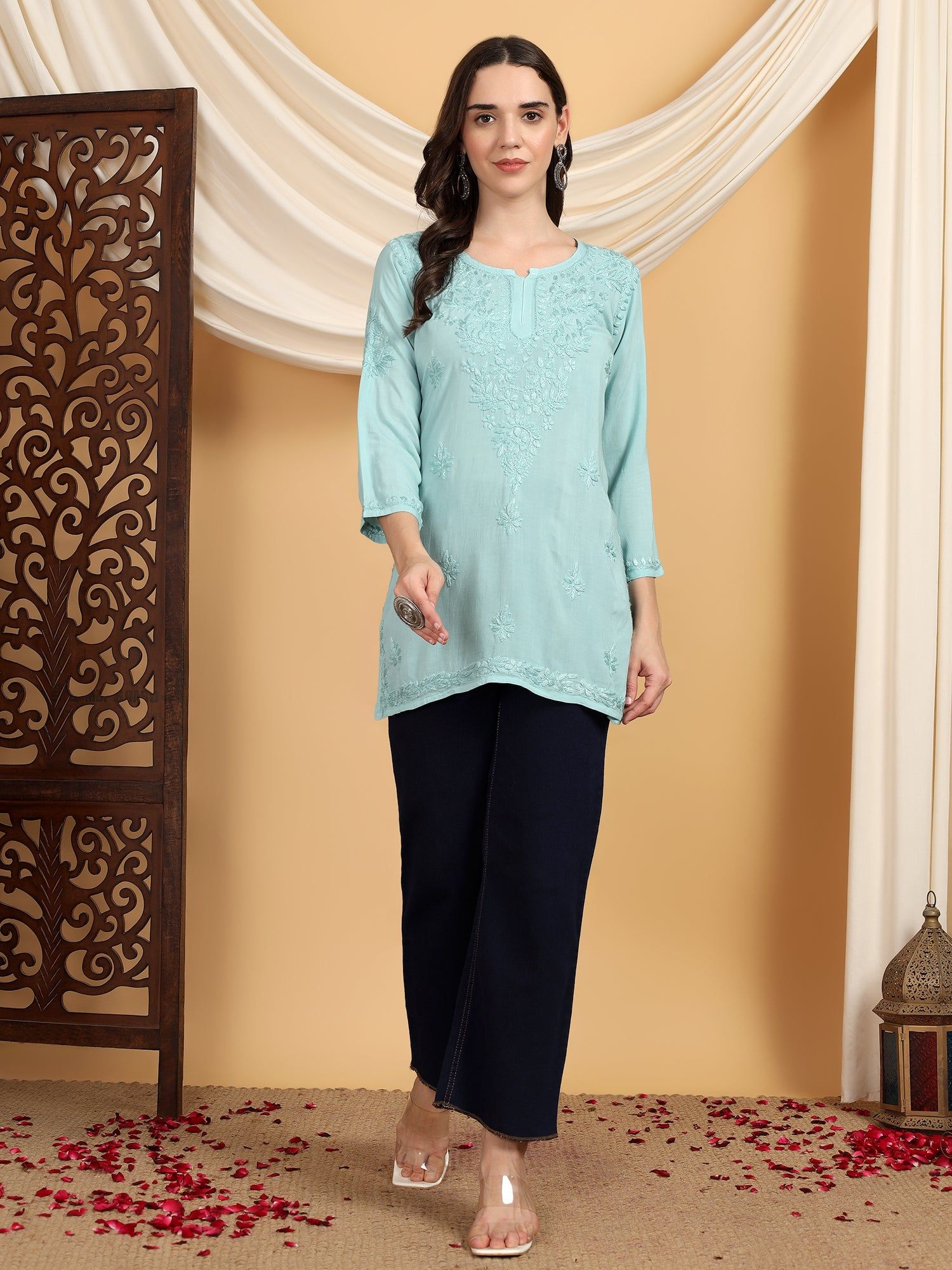 Misha Chikankari Modal Short Kurti-Spanish Green / XS