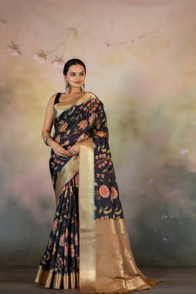 Black Kalamkari Flowers Jacquard Saree