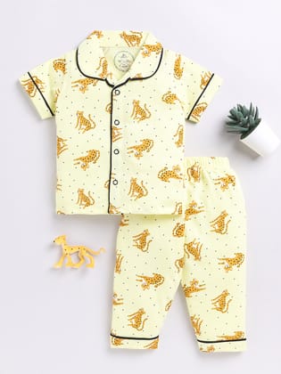 Yellow Cheetah Print Half Sleeve Night Suit-6-9 m