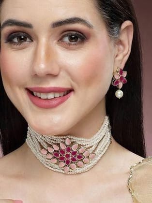 Gold Plated Pearl Beaded Royal Pink and Baby Pink Kundan Stone Choker Necklace Set-Free Size
