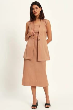 Luxe Linen Trio Jacket with Skirt Co-ord Set, Camel-XS / XS