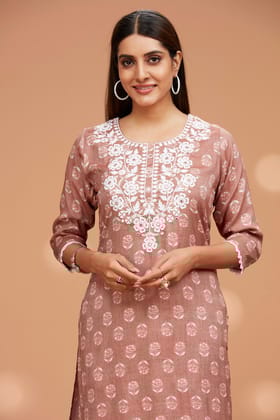 Rayon Two-piece Kurta Set-Brown / M