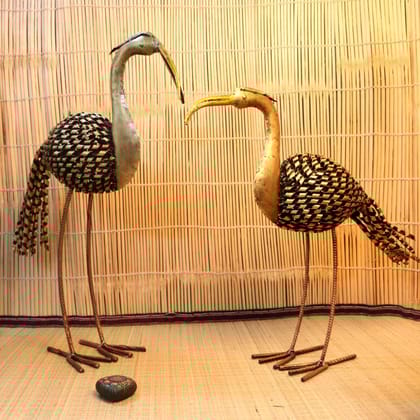 Iron Painted Crane Tea Light Set of 2