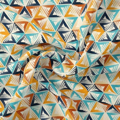 Orange And Sky Blue Triangle Digital Printed Fabric-Polyester / Japan Satin / 110 CM | 43 Inch