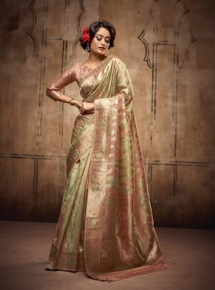 Pista green And Peach Organza Silk Zari Weaving Saree