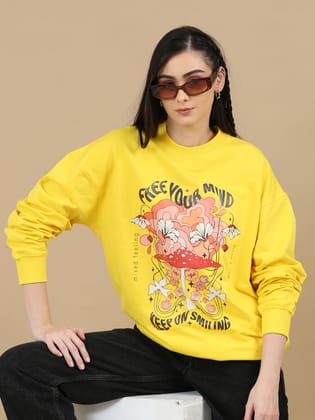 Women Printed Oversized Sweatshirt Pure Cotton Full Sleeve Yellow-Yellow / XXS