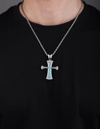 Classic Cross Iced Out Pendant (Blue Turquoise)-With Rope Chain 2.5mm / Blue Turquoise