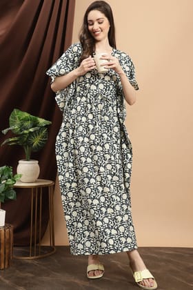 Blue Color Motif Printed Cotton Kaftan For Women-ONESIZE