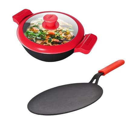 GEMMA Cookware Combo of 2,Cast Iron Kadhai  with Glass Lid and Roti Tawa Red-Kadai 3Liter / Red