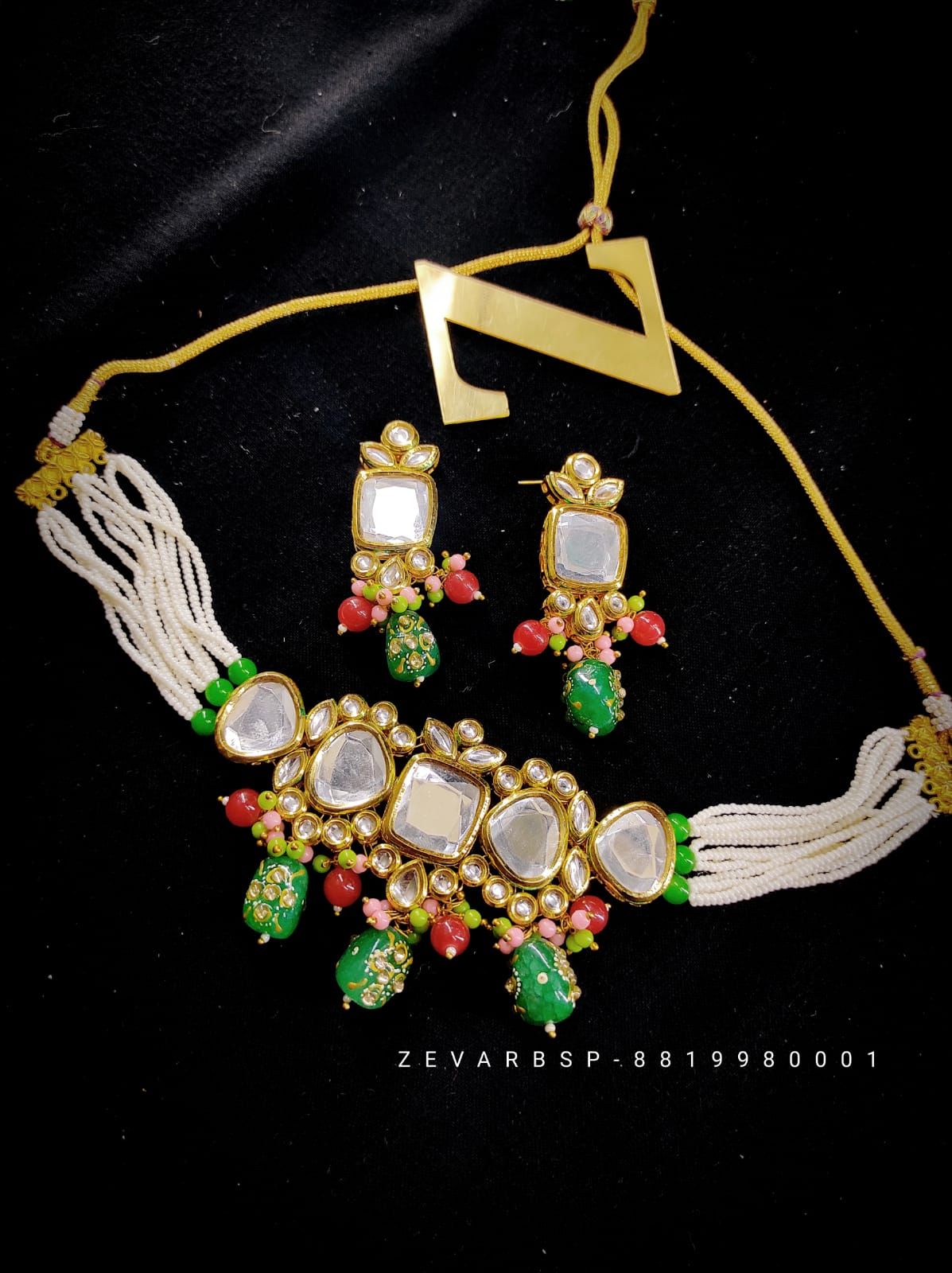 ZEVAR I Premium Quality Pearl Beads Kundan Choker Necklace With Earrings